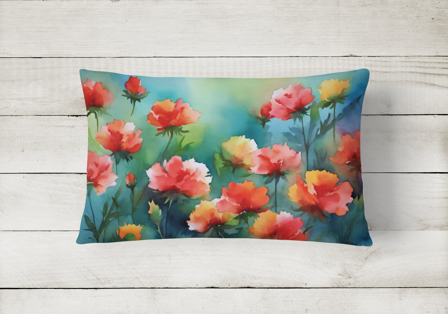 Ohio Scarlet Carnations in Watercolor Decorative Throw Pillow 12x16 Indoor Outdoor Accent Cushion, Fabric Cover with Insert for Sofa, Bed, Porch & Living Room