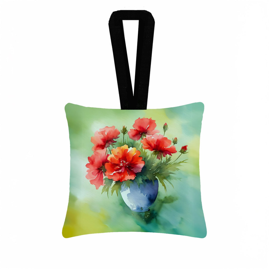 Ohio Scarlet Carnations in Watercolor Hanging Square Fabric Ornament 3.5 × 3.5 Decorative Door-Knob & Tree Hanger, Soft Fabric