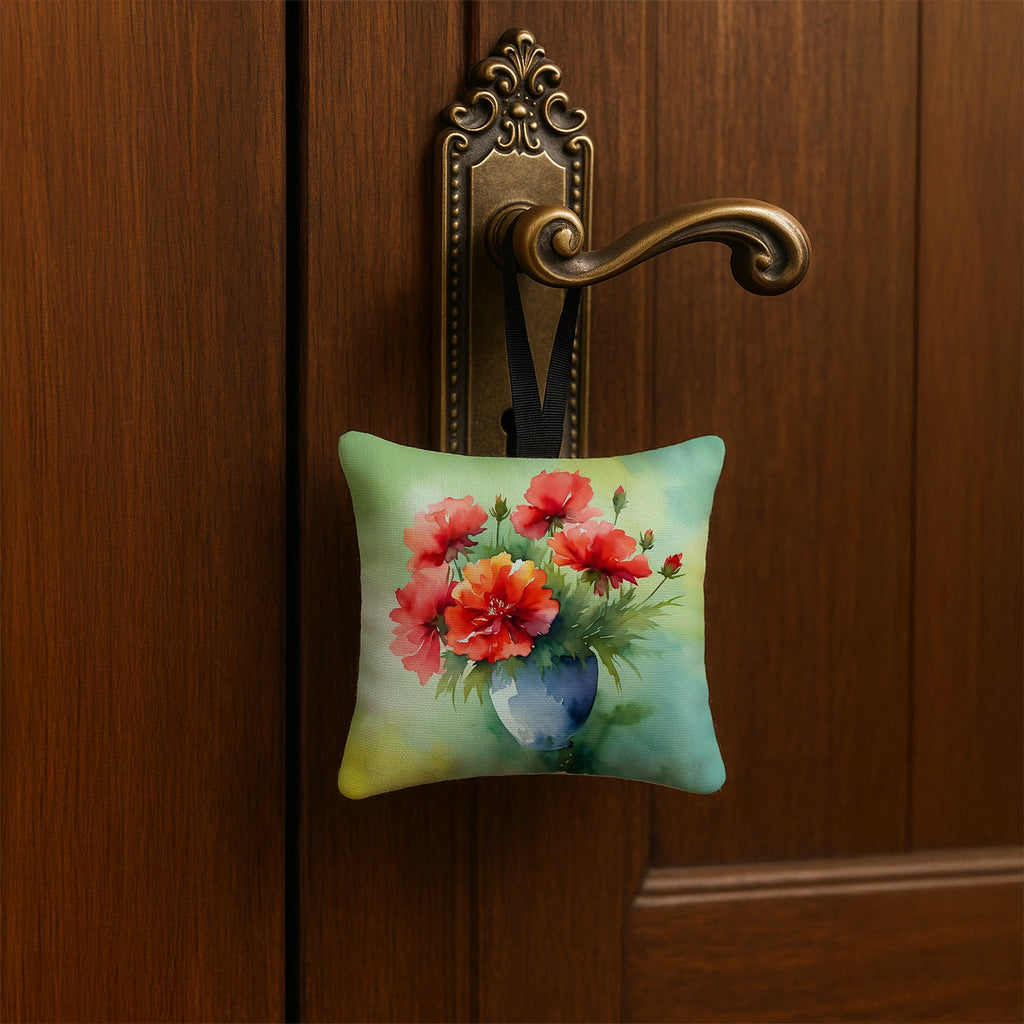 Ohio Scarlet Carnations in Watercolor Hanging Square Fabric Ornament 3.5 × 3.5 Decorative Door-Knob & Tree Hanger, Soft Fabric