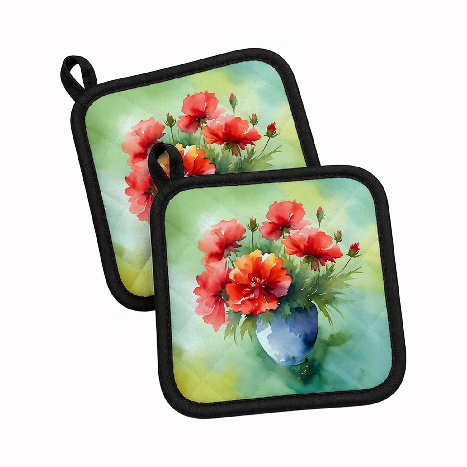 Ohio Scarlet Carnations in Watercolor Pot Holder Set of 2 Heat Resistant Quilted Hot Pads 7.5 x 7.5 Inch, Insulated Kitchen Trivets for Cooking & Baking