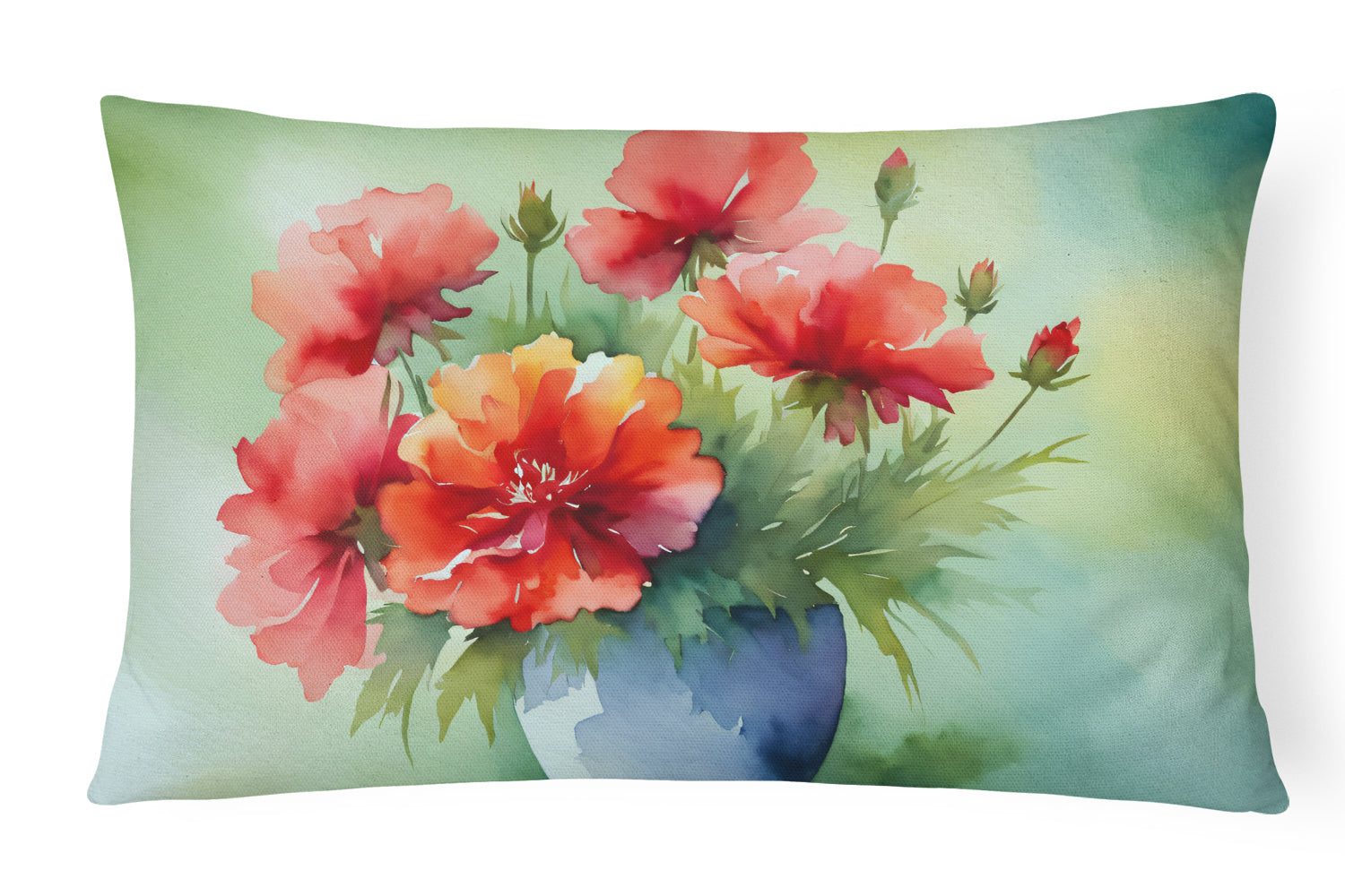 Ohio Scarlet Carnations in Watercolor Decorative Throw Pillow 12x16 Indoor Outdoor Accent Cushion, Fabric Cover with Insert for Sofa, Bed, Porch & Living Room