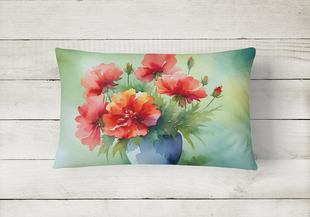 Ohio Scarlet Carnations in Watercolor Decorative Throw Pillow 12x16 Indoor Outdoor Accent Cushion, Fabric Cover with Insert for Sofa, Bed, Porch & Living Room