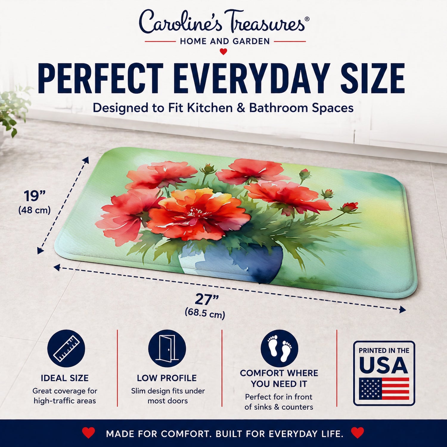 Ohio Scarlet Carnations in Watercolor Memory Foam Kitchen Mat Machine Washable Anti-Fatigue Cushion Comfort Bath or Kitchen Rug