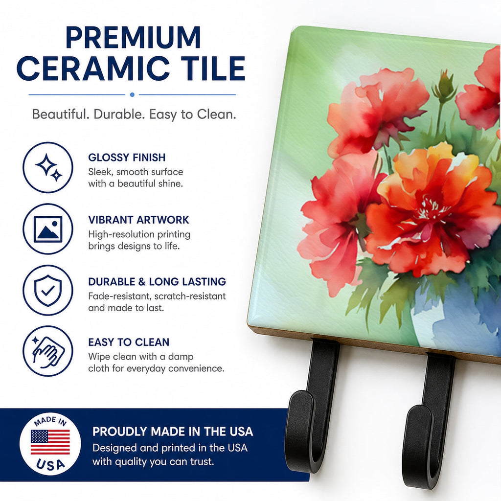 Ohio Scarlet Carnations in Watercolor Leash or Key Holder Wall Hooks, Coat Rack Wall Mount, for Hanging Keys, Towels, Aprons, Leashes
