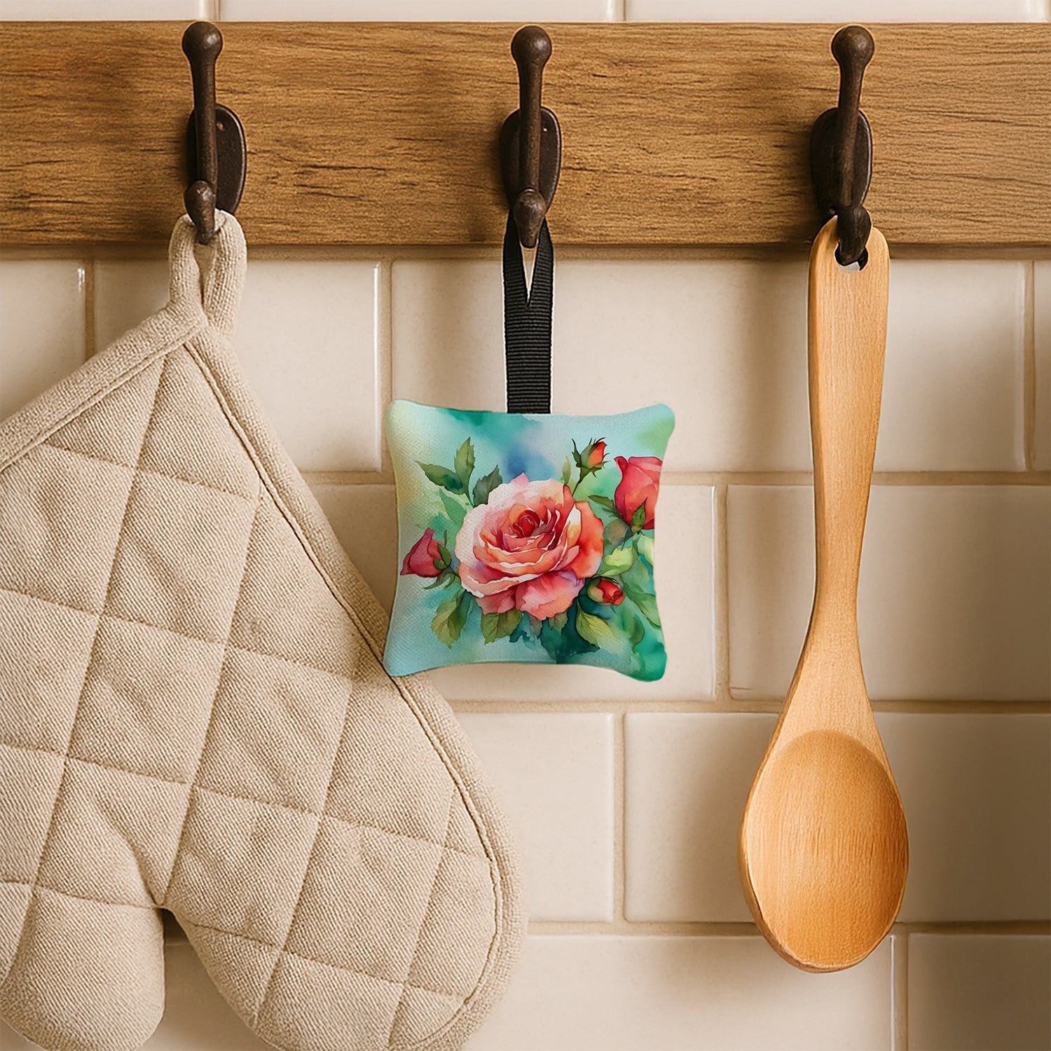Oklahoma Roses in Watercolor Hanging Square Fabric Ornament 3.5 × 3.5 Decorative Door-Knob & Tree Hanger, Soft Fabric