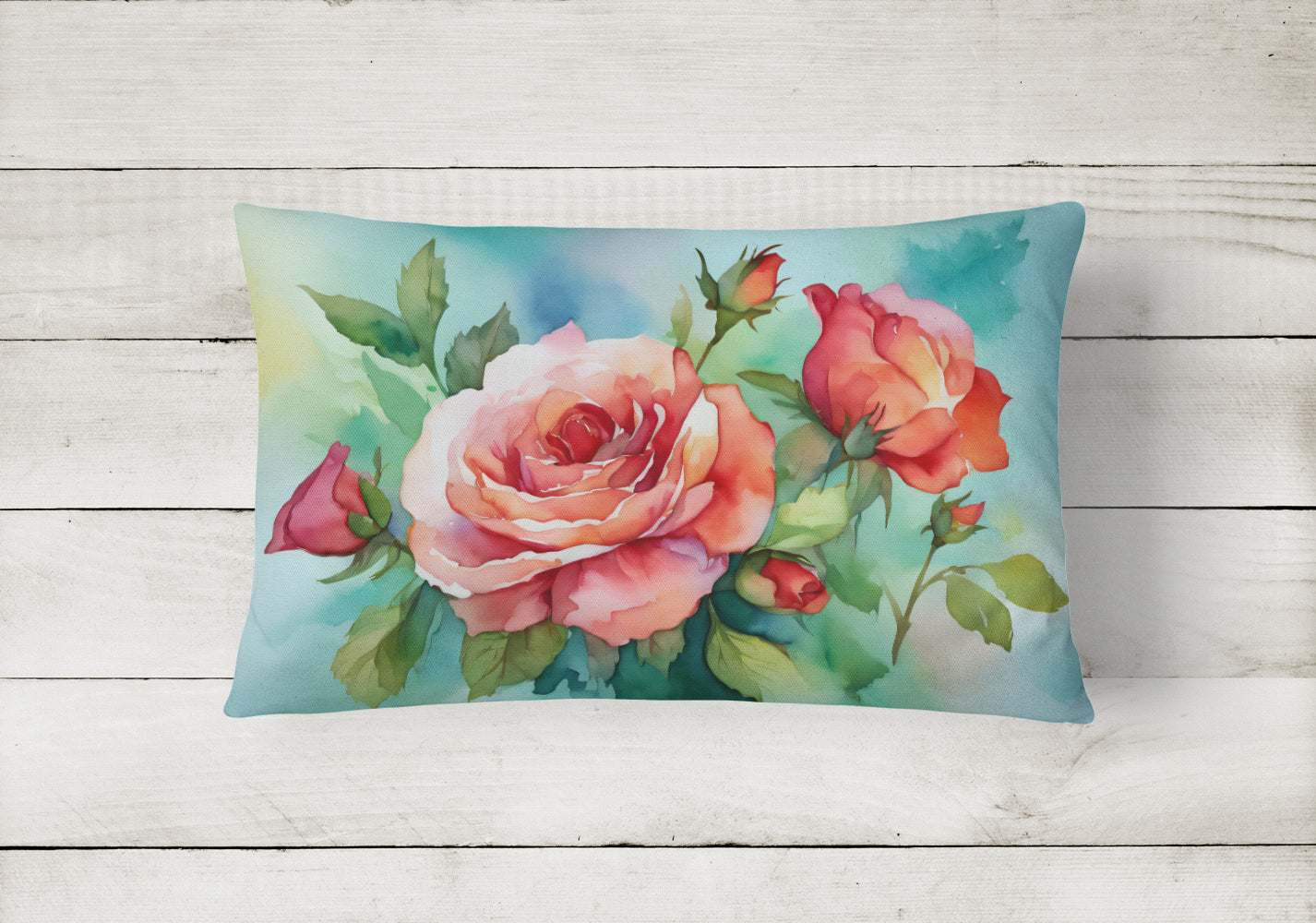 Oklahoma Roses in Watercolor Decorative Throw Pillow 12x16 Indoor Outdoor Accent Cushion, Fabric Cover with Insert for Sofa, Bed, Porch & Living Room