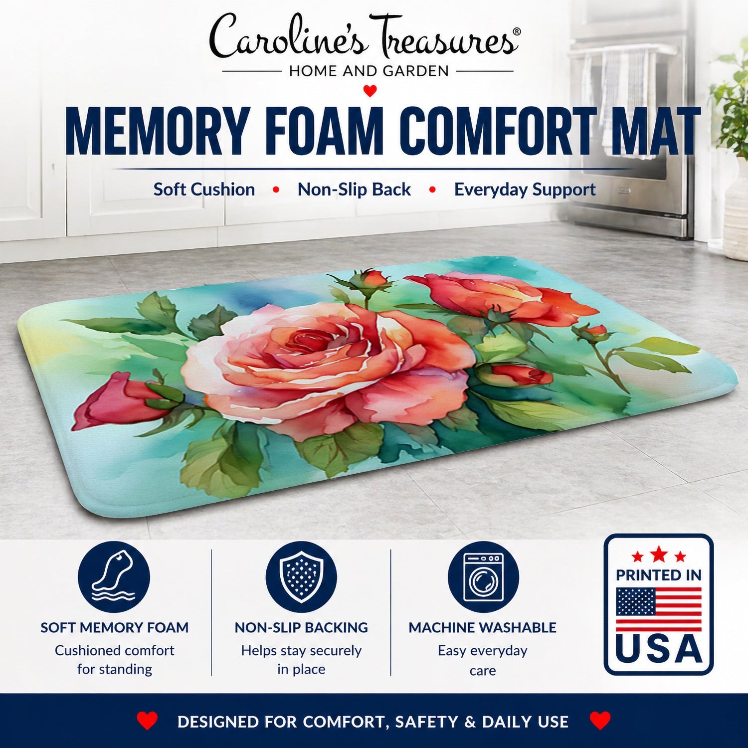 Oklahoma Roses in Watercolor Memory Foam Kitchen Mat Machine Washable Anti-Fatigue Cushion Comfort Bath or Kitchen Rug