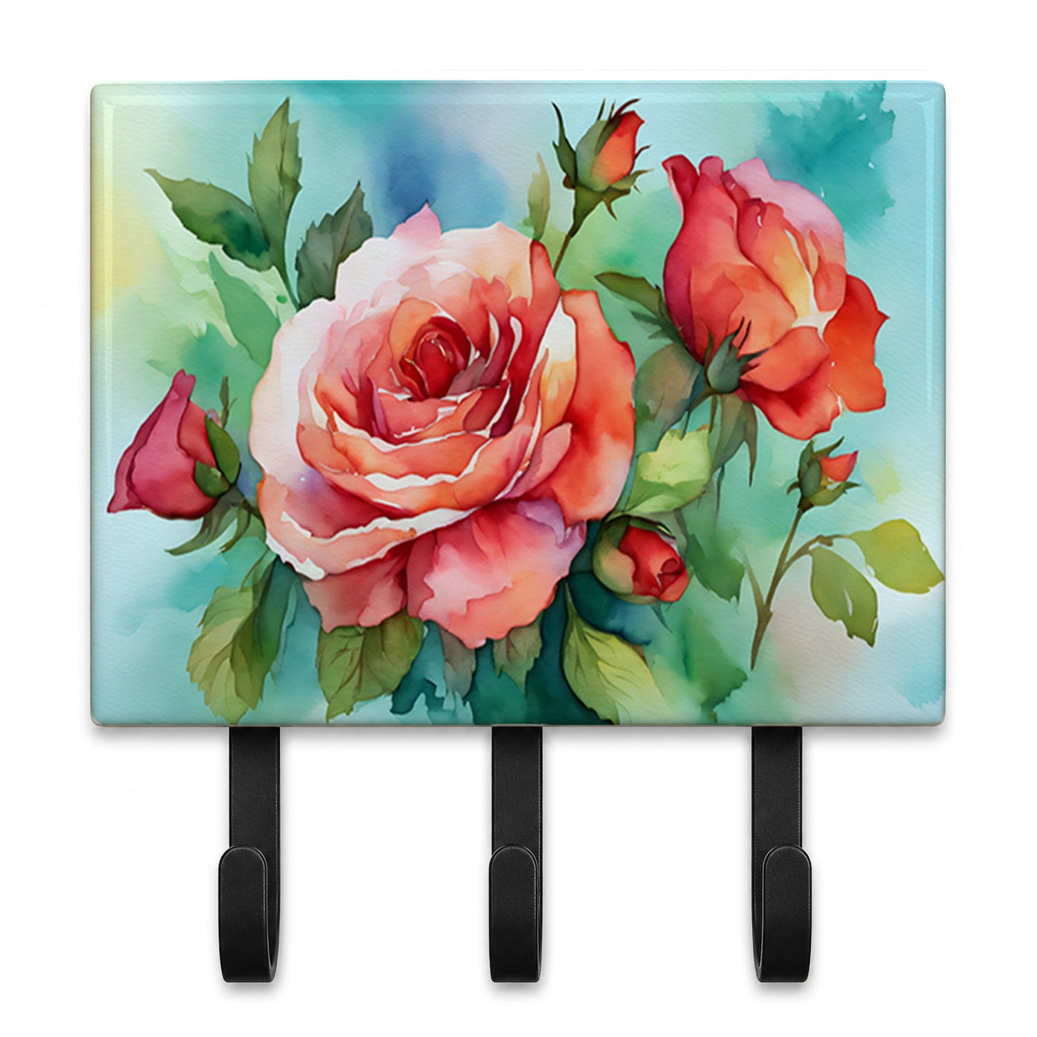 Oklahoma Roses in Watercolor Leash or Key Holder Wall Hooks, Coat Rack Wall Mount, for Hanging Keys, Towels, Aprons, Leashes