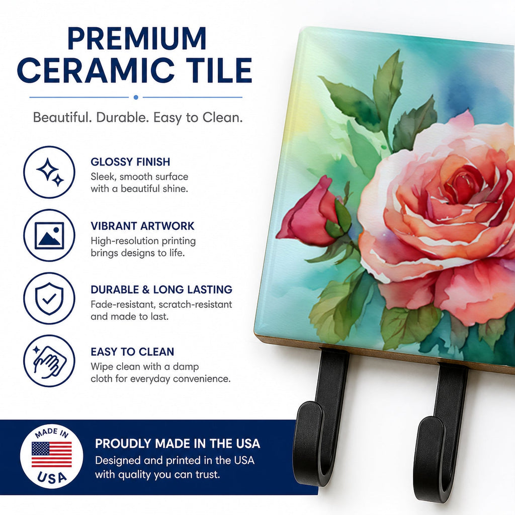 Oklahoma Roses in Watercolor Leash or Key Holder Wall Hooks, Coat Rack Wall Mount, for Hanging Keys, Towels, Aprons, Leashes