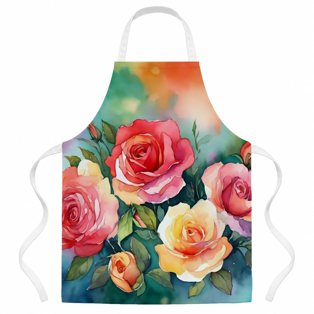 Oklahoma Roses in Watercolor Apron Cooking Kitchen Server Baking Crafts Gardening for Adult Women Men, Unisex, Large, Multicolor