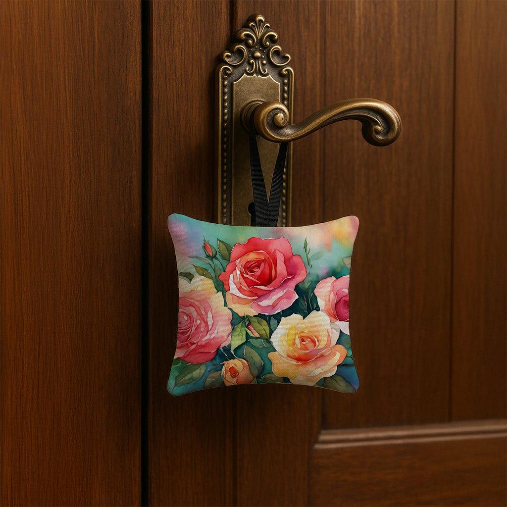 Oklahoma Roses in Watercolor Hanging Square Fabric Ornament 3.5 × 3.5 Decorative Door-Knob & Tree Hanger, Soft Fabric