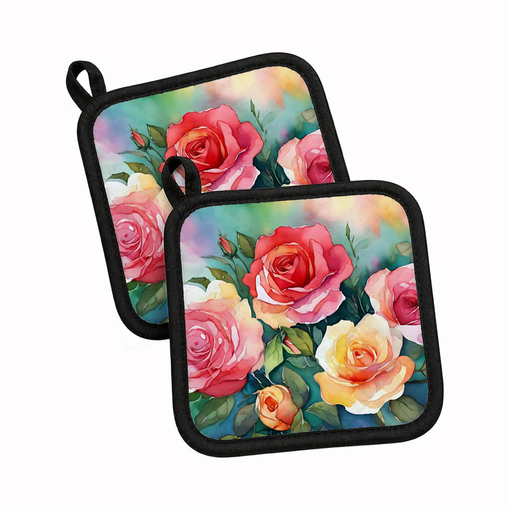 Oklahoma Roses in Watercolor Pot Holder Set of 2 Heat Resistant Quilted Hot Pads 7.5 x 7.5 Inch, Insulated Kitchen Trivets for Cooking & Baking