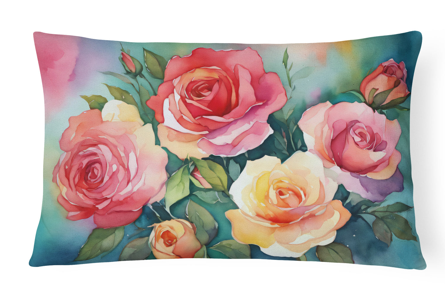Oklahoma Roses in Watercolor Decorative Throw Pillow 12x16 Indoor Outdoor Accent Cushion, Fabric Cover with Insert for Sofa, Bed, Porch & Living Room