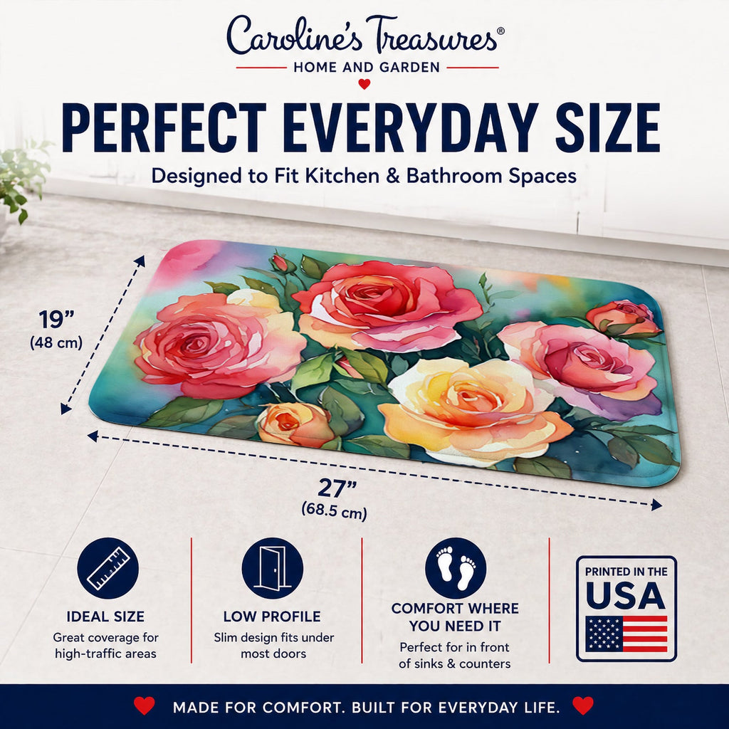 Oklahoma Roses in Watercolor Memory Foam Kitchen Mat Machine Washable Anti-Fatigue Cushion Comfort Bath or Kitchen Rug