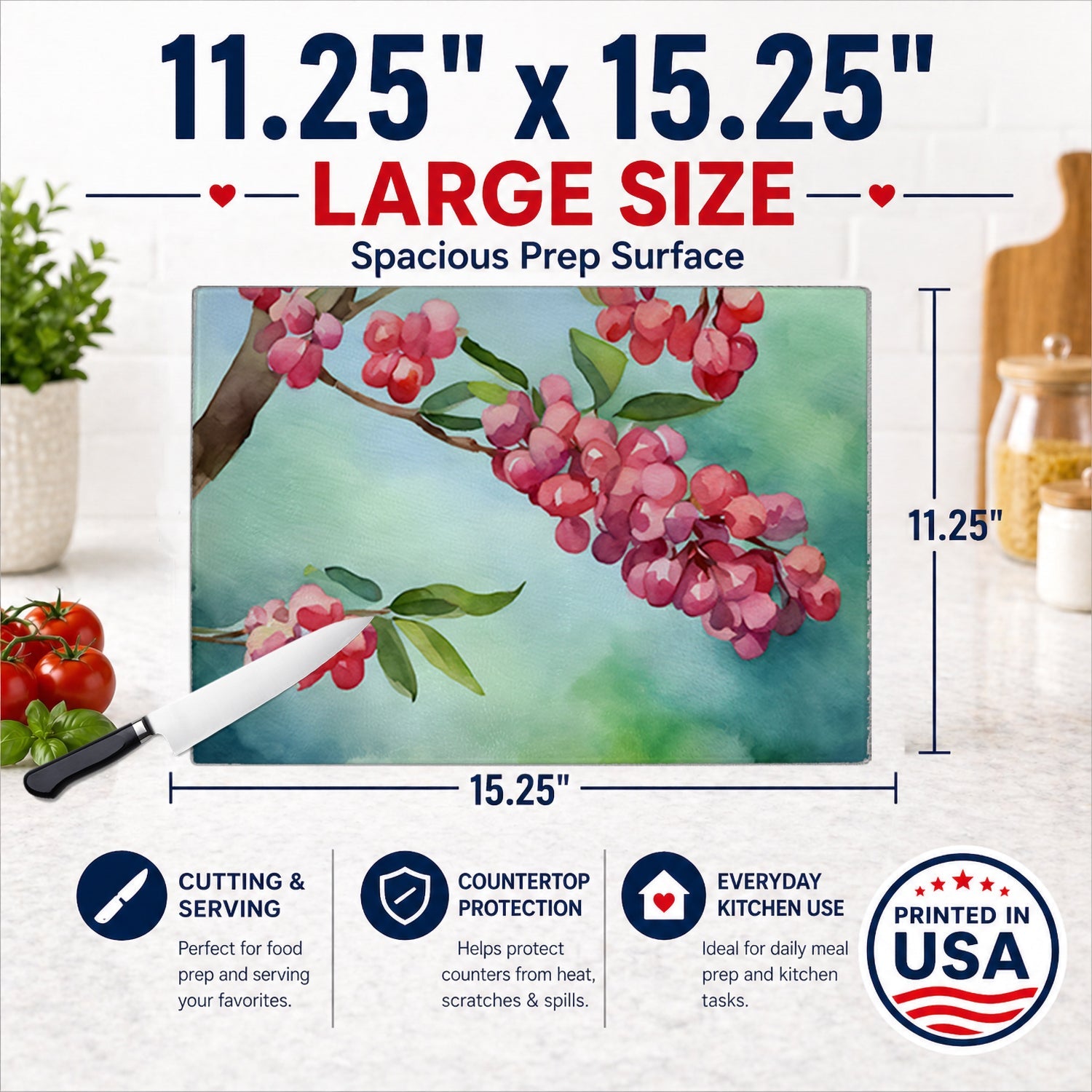 Pennsylvania Mountain Laurels in Watercolor Cutting Board Tempered Glass Kitchen Cutting Surface, Heat Resistant Chopping, Non-Slip Feet, Food Prep & Serving