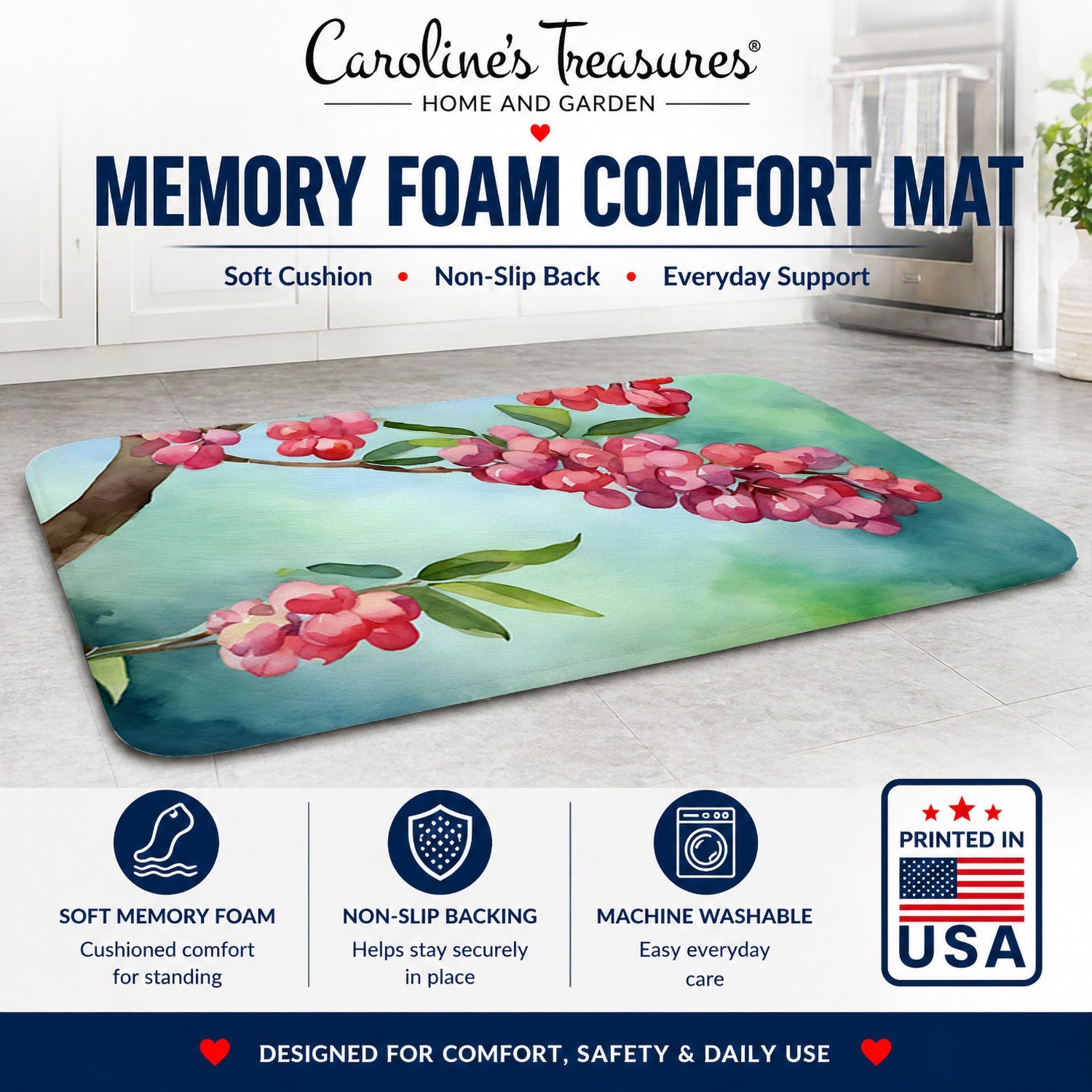 Pennsylvania Mountain Laurels in Watercolor Memory Foam Kitchen Mat Machine Washable Anti-Fatigue Cushion Comfort Bath or Kitchen Rug