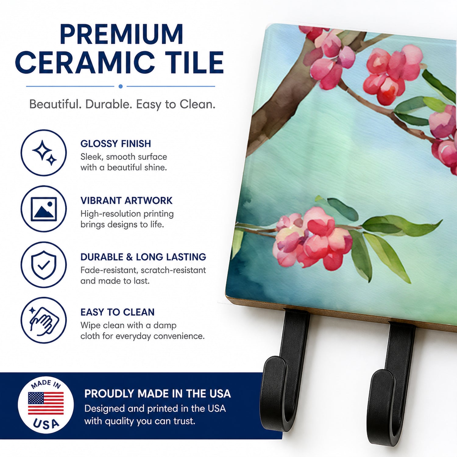 Pennsylvania Mountain Laurels in Watercolor Leash or Key Holder Wall Hooks, Coat Rack Wall Mount, for Hanging Keys, Towels, Aprons, Leashes