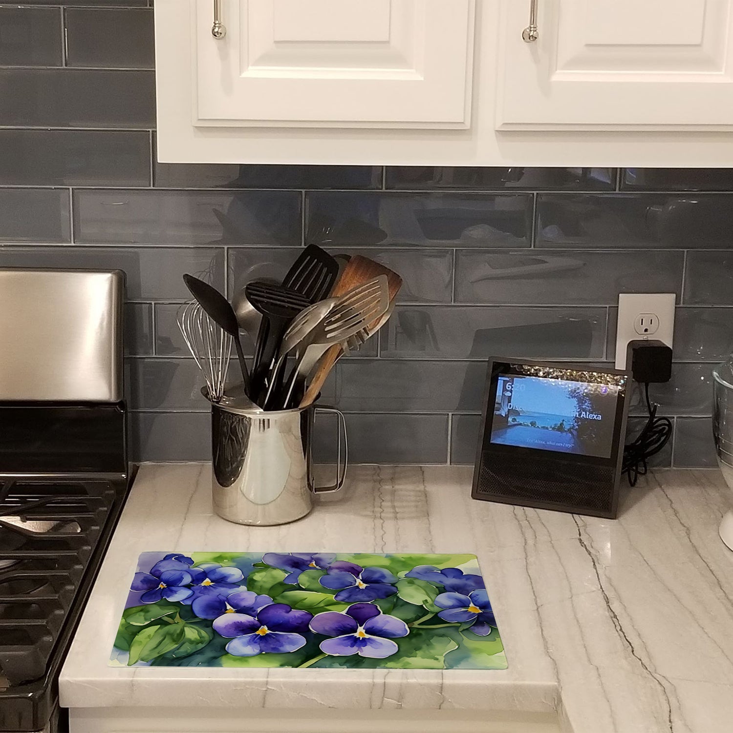 Rhode Island Violets in Watercolor Cutting Board Tempered Glass Kitchen Cutting Surface, Heat Resistant Chopping, Non-Slip Feet, Food Prep & Serving