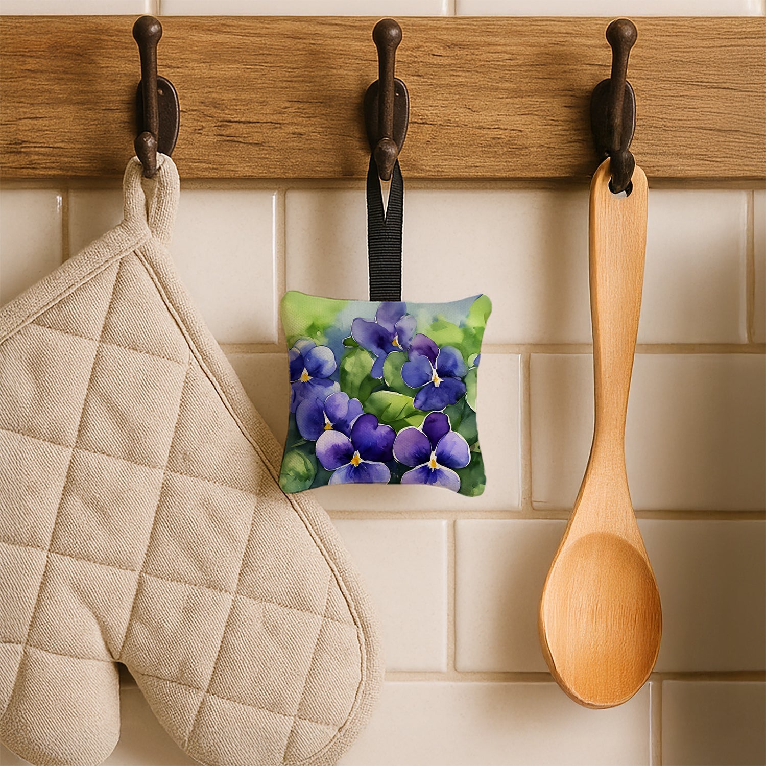 Rhode Island Violets in Watercolor Hanging Square Fabric Ornament 3.5 × 3.5 Decorative Door-Knob & Tree Hanger, Soft Fabric