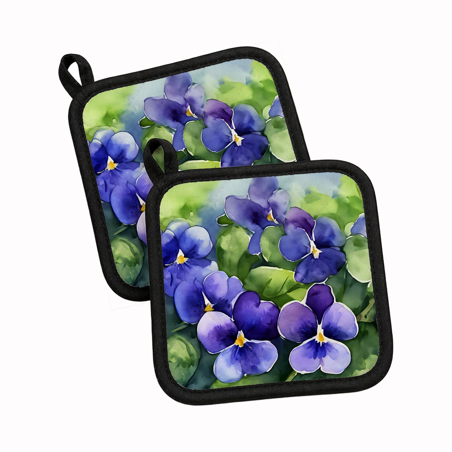 Rhode Island Violets in Watercolor Pot Holder Set of 2 Heat Resistant Quilted Hot Pads 7.5 x 7.5 Inch, Insulated Kitchen Trivets for Cooking & Baking