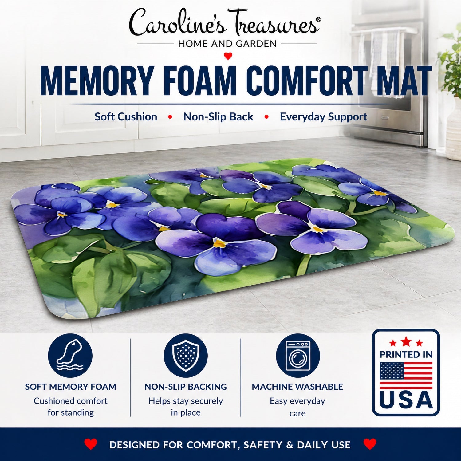 Rhode Island Violets in Watercolor Memory Foam Kitchen Mat Machine Washable Anti-Fatigue Cushion Comfort Bath or Kitchen Rug