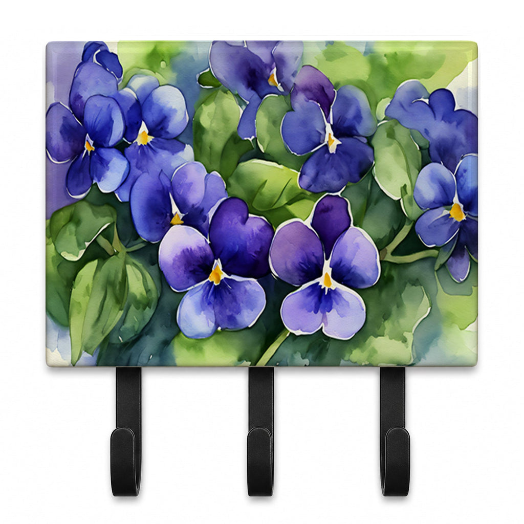 Rhode Island Violets in Watercolor Leash or Key Holder Wall Hooks, Coat Rack Wall Mount, for Hanging Keys, Towels, Aprons, Leashes