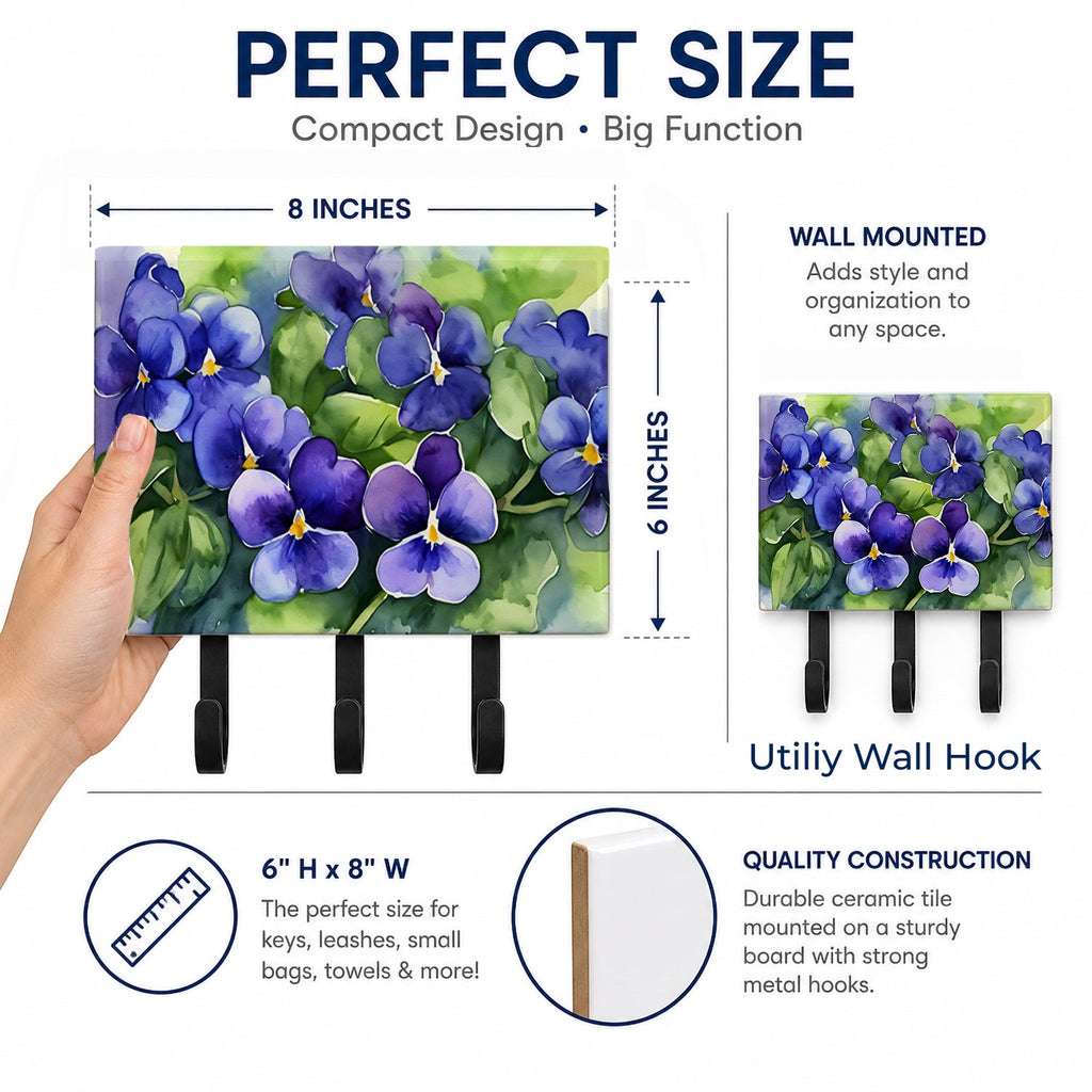 Rhode Island Violets in Watercolor Leash or Key Holder Wall Hooks, Coat Rack Wall Mount, for Hanging Keys, Towels, Aprons, Leashes