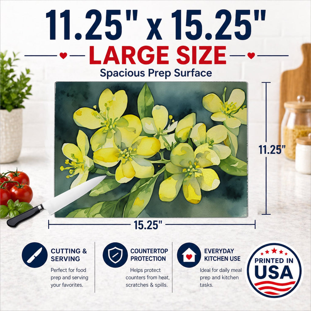 South Carolina Yellow Jessamine in Watercolor Cutting Board Tempered Glass Kitchen Cutting Surface, Heat Resistant Chopping, Non-Slip Feet, Food Prep & Serving
