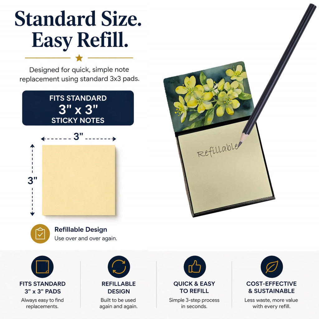 South Carolina Yellow Jessamine in Watercolor Watercolor Sticky Note Holder Refillable Dispenser Desk Accessory 3x3 Pad Gift