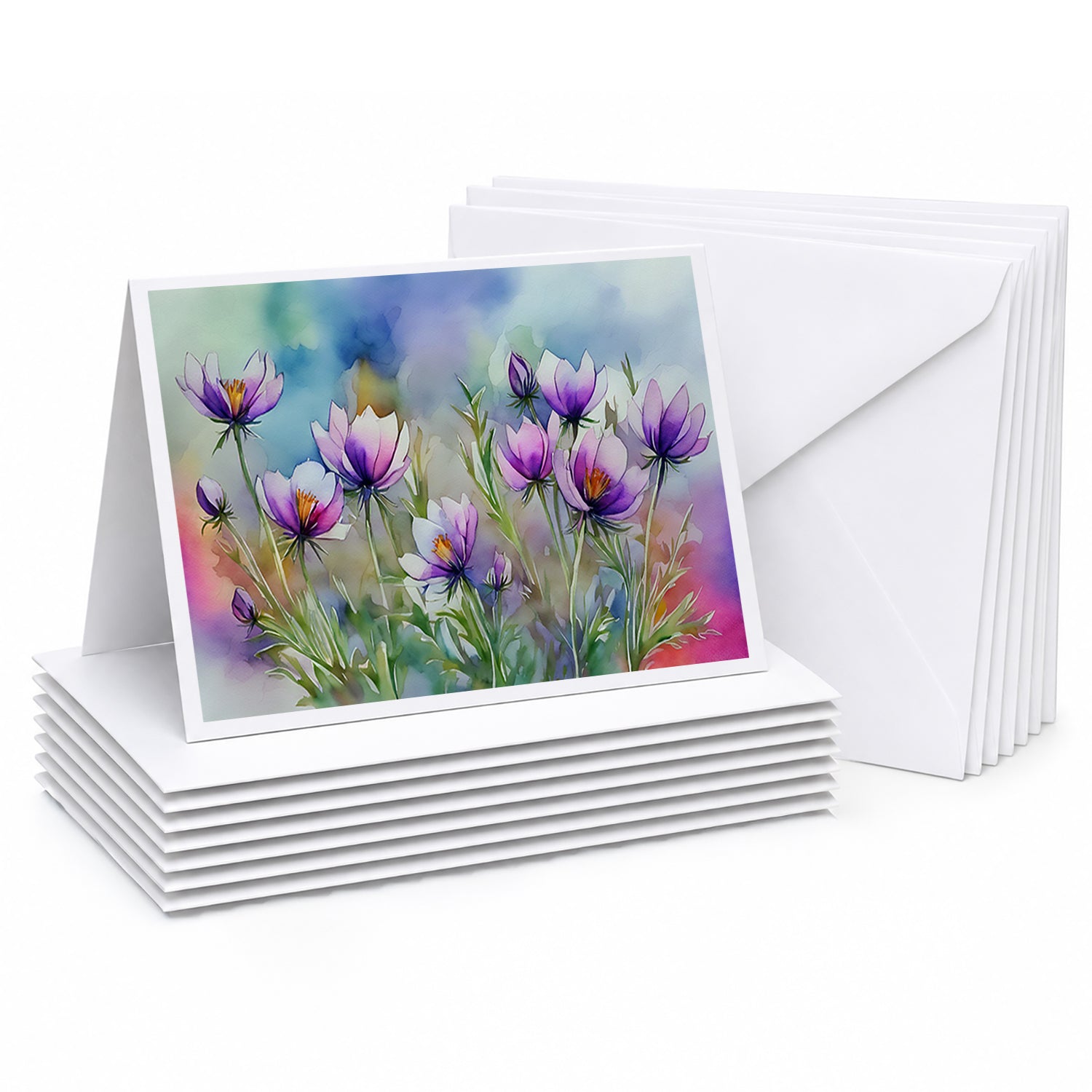 South Dakota Pasque Flowers in Watercolor Greeting Cards Pack of 8 Blank Cards with Envelopes Whimsical A7 Size 5x7