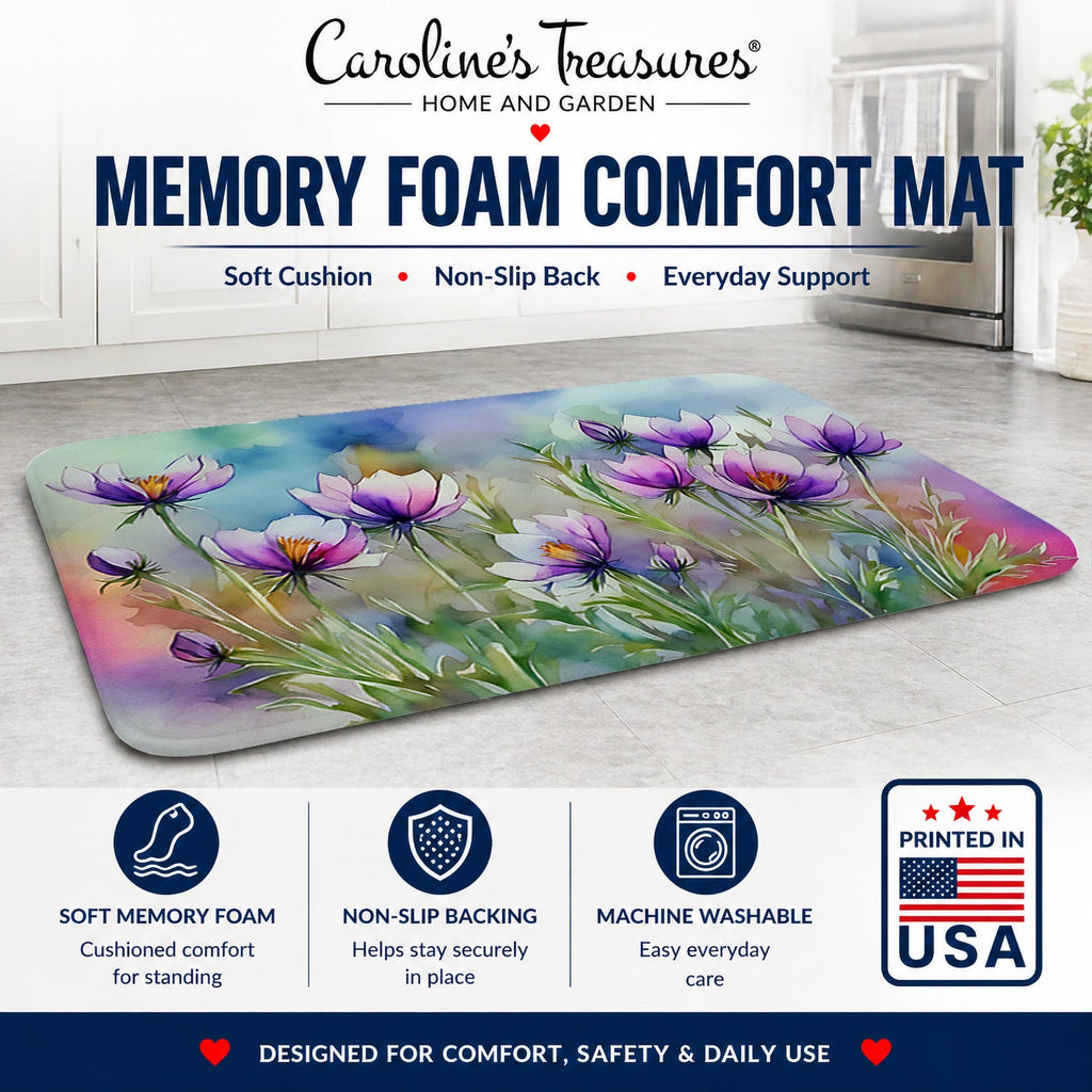 South Dakota Pasque Flowers in Watercolor Memory Foam Kitchen Mat Machine Washable Anti-Fatigue Cushion Comfort Bath or Kitchen Rug