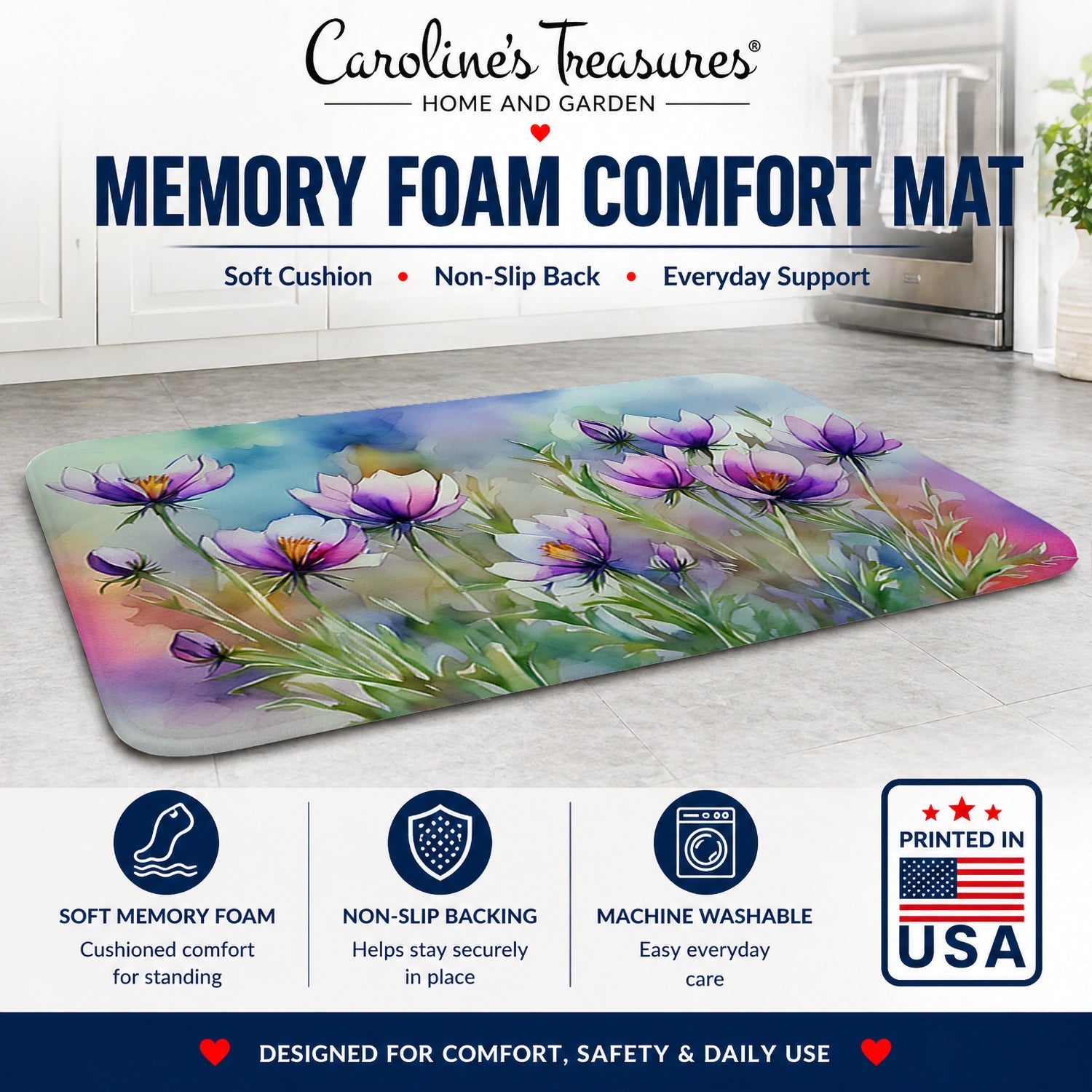South Dakota Pasque Flowers in Watercolor Memory Foam Kitchen Mat Machine Washable Anti-Fatigue Cushion Comfort Bath or Kitchen Rug