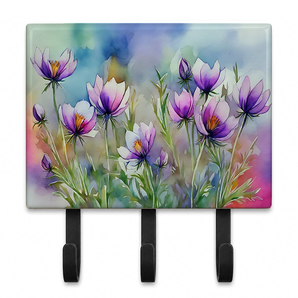 South Dakota Pasque Flowers in Watercolor Leash or Key Holder Wall Hooks, Coat Rack Wall Mount, for Hanging Keys, Towels, Aprons, Leashes