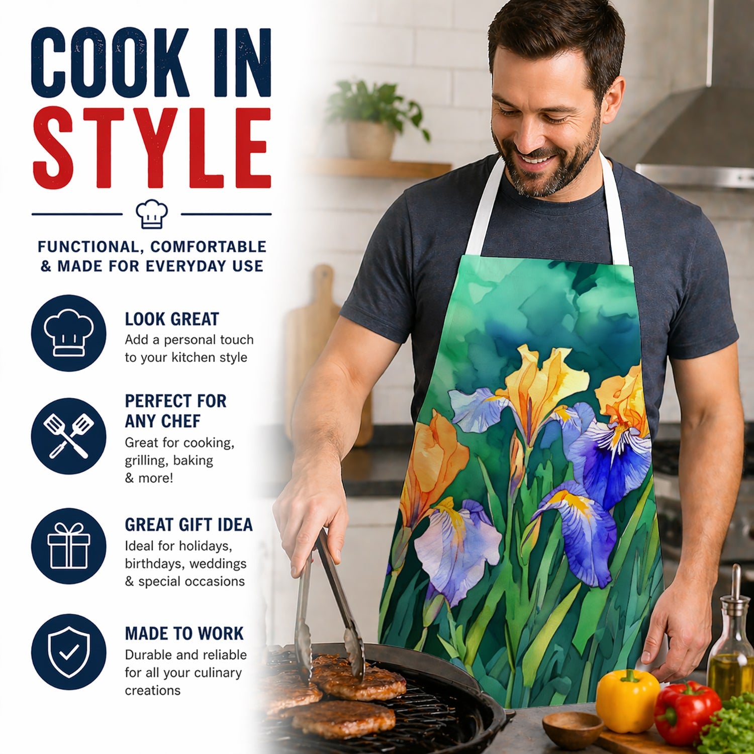 Tennessee Iris in Watercolor Apron Cooking Kitchen Server Baking Crafts Gardening for Adult Women Men, Unisex, Large, Multicolor