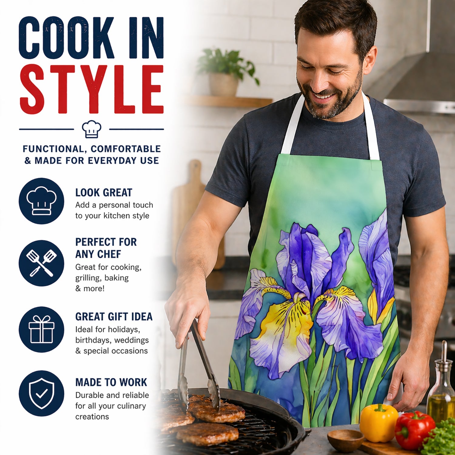 Tennessee Iris in Watercolor Apron Cooking Kitchen Server Baking Crafts Gardening for Adult Women Men, Unisex, Large, Multicolor