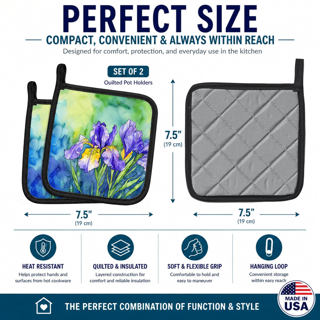 Tennessee Iris in Watercolor Pot Holder Set of 2 Heat Resistant Quilted Hot Pads 7.5 x 7.5 Inch, Insulated Kitchen Trivets for Cooking & Baking