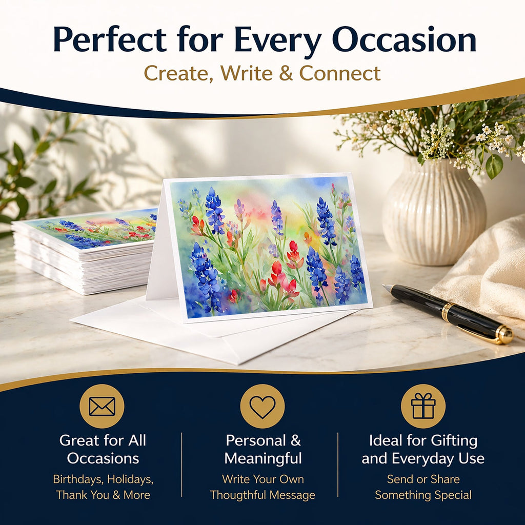 Texas Bluebonnets in Watercolor Greeting Cards Pack of 8 Blank Cards with Envelopes Whimsical A7 Size 5x7