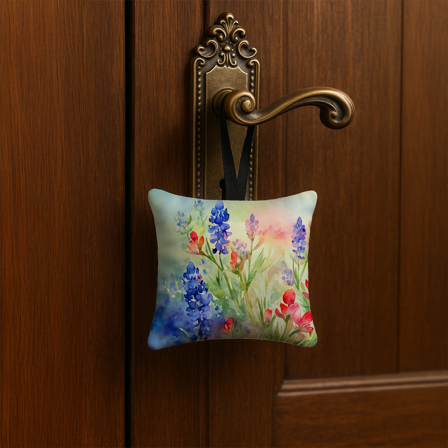 Texas Bluebonnets in Watercolor Hanging Square Fabric Ornament 3.5 × 3.5 Decorative Door-Knob & Tree Hanger, Soft Fabric