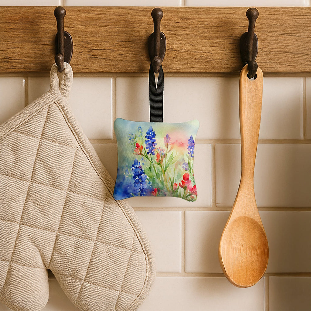 Texas Bluebonnets in Watercolor Hanging Square Fabric Ornament 3.5 × 3.5 Decorative Door-Knob & Tree Hanger, Soft Fabric