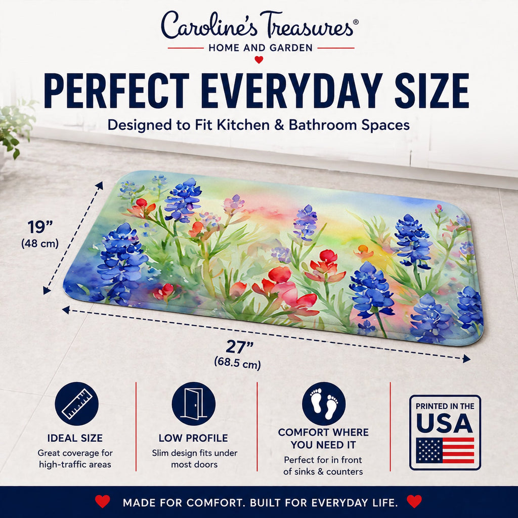 Texas Bluebonnets in Watercolor Memory Foam Kitchen Mat Machine Washable Anti-Fatigue Cushion Comfort Bath or Kitchen Rug