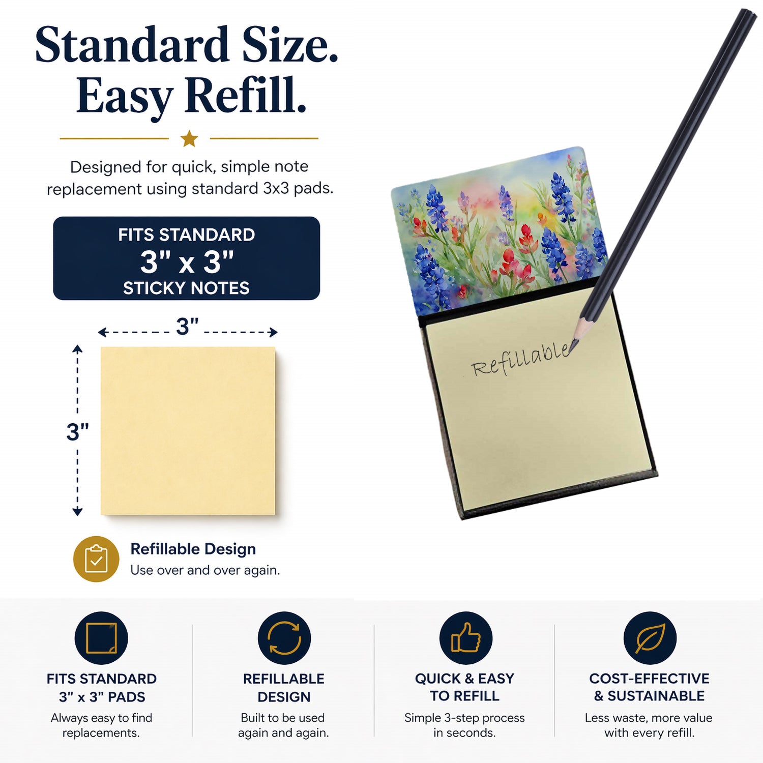 Texas Bluebonnets in Watercolor Watercolor Sticky Note Holder Refillable Dispenser Desk Accessory 3x3 Pad Gift