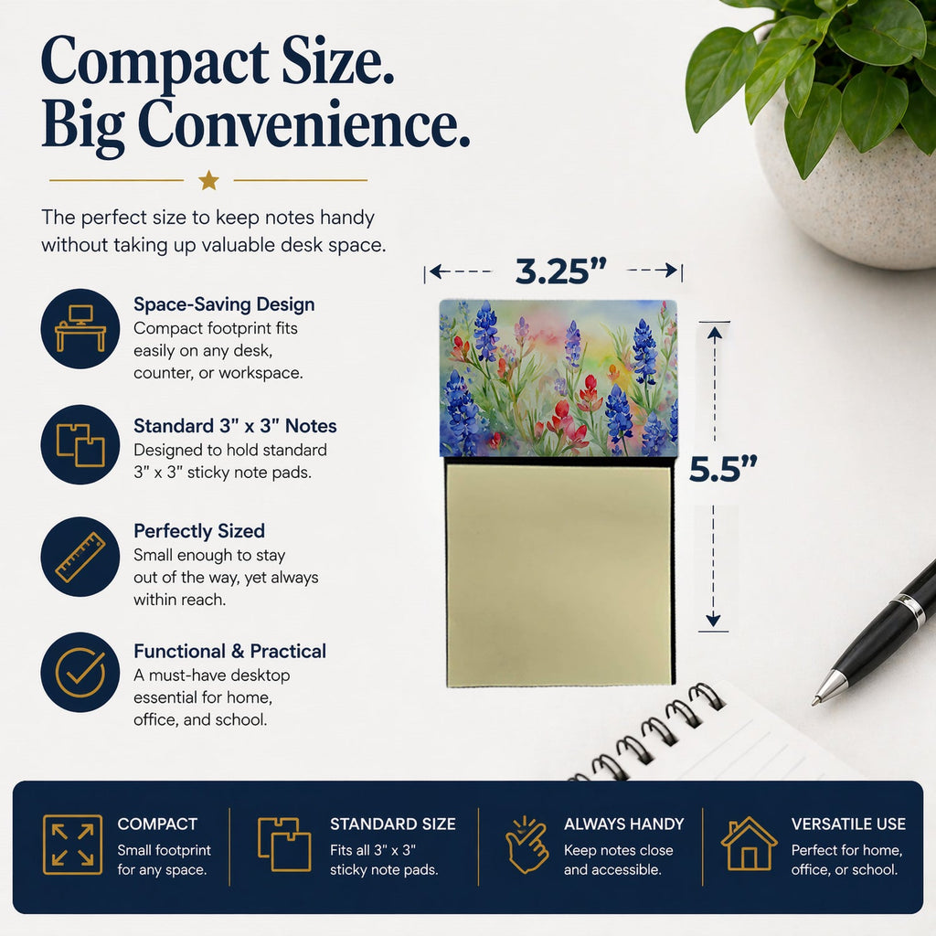 Texas Bluebonnets in Watercolor Watercolor Sticky Note Holder Refillable Dispenser Desk Accessory 3x3 Pad Gift