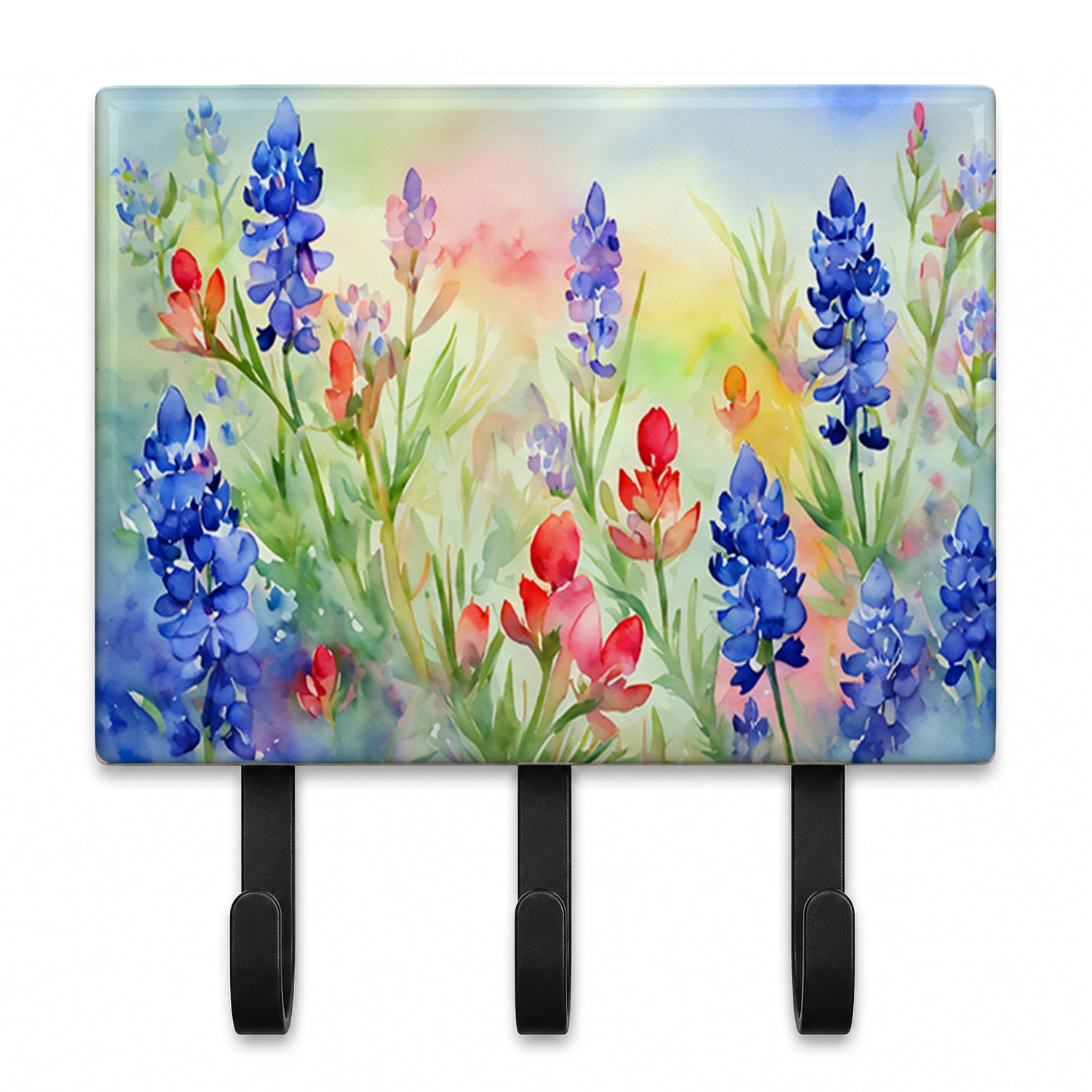 Texas Bluebonnets in Watercolor Leash or Key Holder Wall Hooks, Coat Rack Wall Mount, for Hanging Keys, Towels, Aprons, Leashes