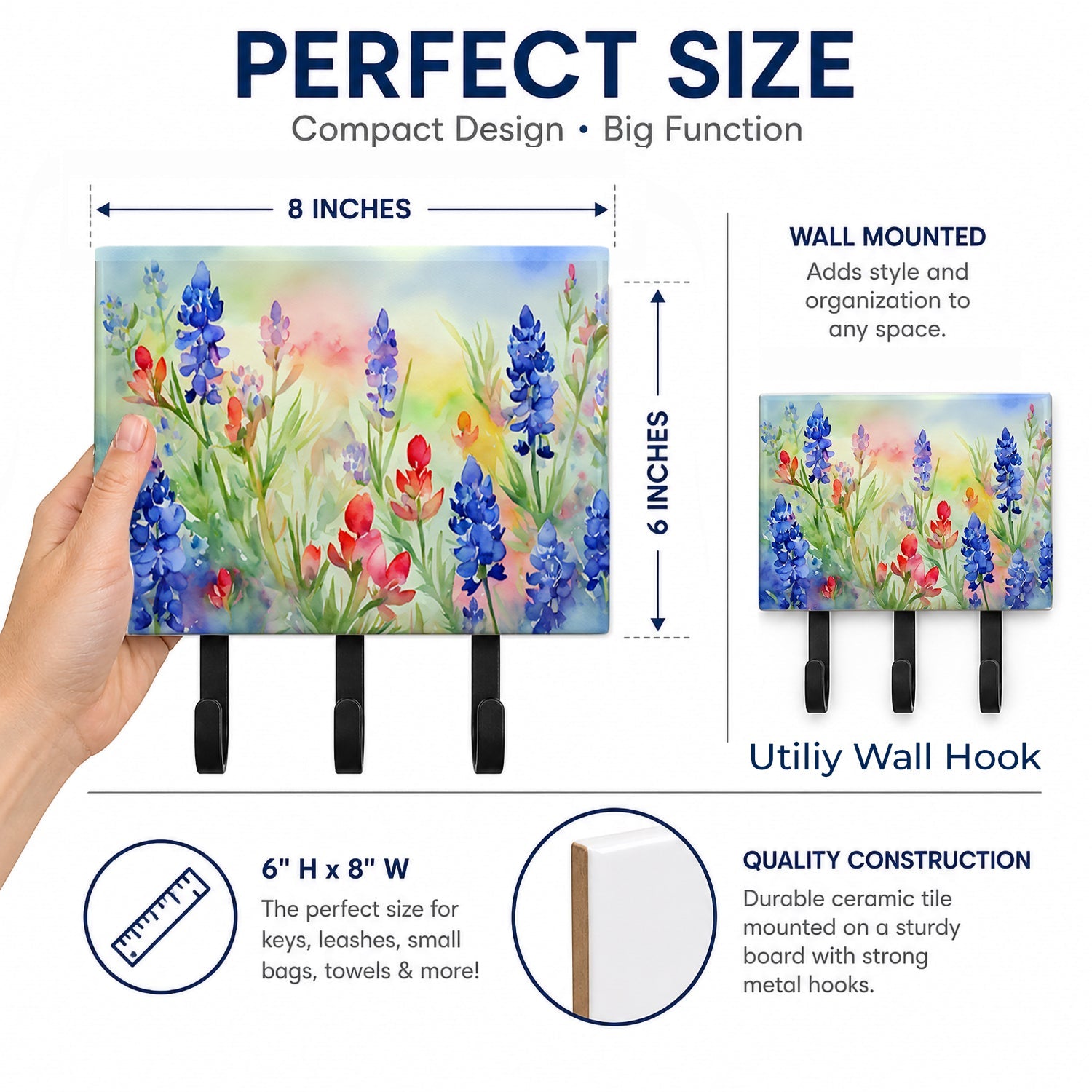 Texas Bluebonnets in Watercolor Leash or Key Holder Wall Hooks, Coat Rack Wall Mount, for Hanging Keys, Towels, Aprons, Leashes