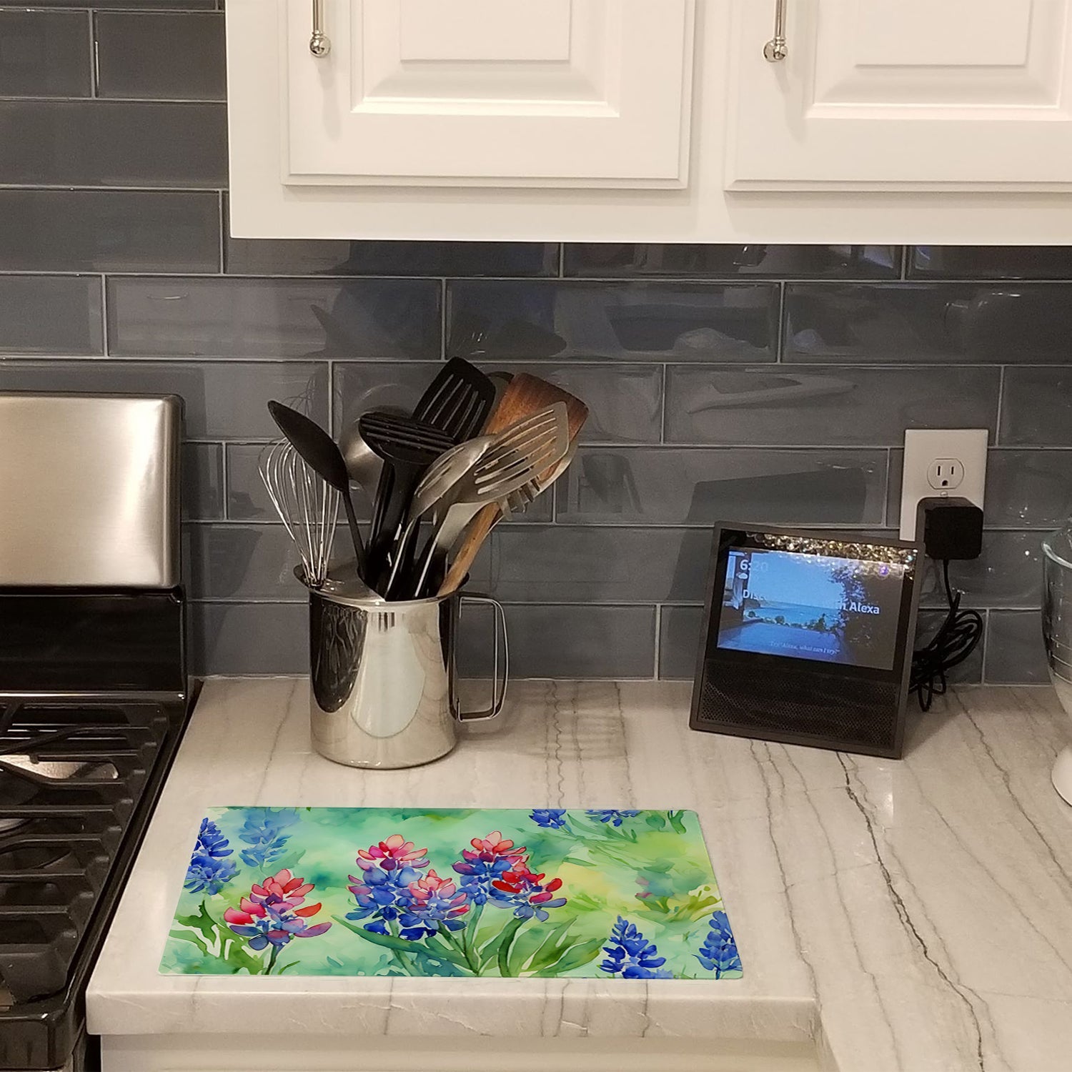 Texas Bluebonnets in Watercolor Cutting Board Tempered Glass Kitchen Cutting Surface, Heat Resistant Chopping, Non-Slip Feet, Food Prep & Serving