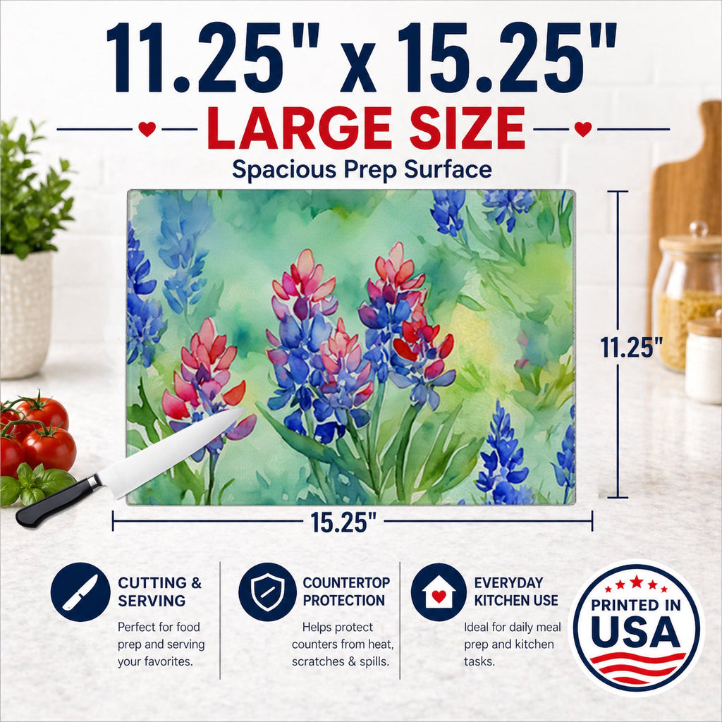 Texas Bluebonnets in Watercolor Cutting Board Tempered Glass Kitchen Cutting Surface, Heat Resistant Chopping, Non-Slip Feet, Food Prep & Serving