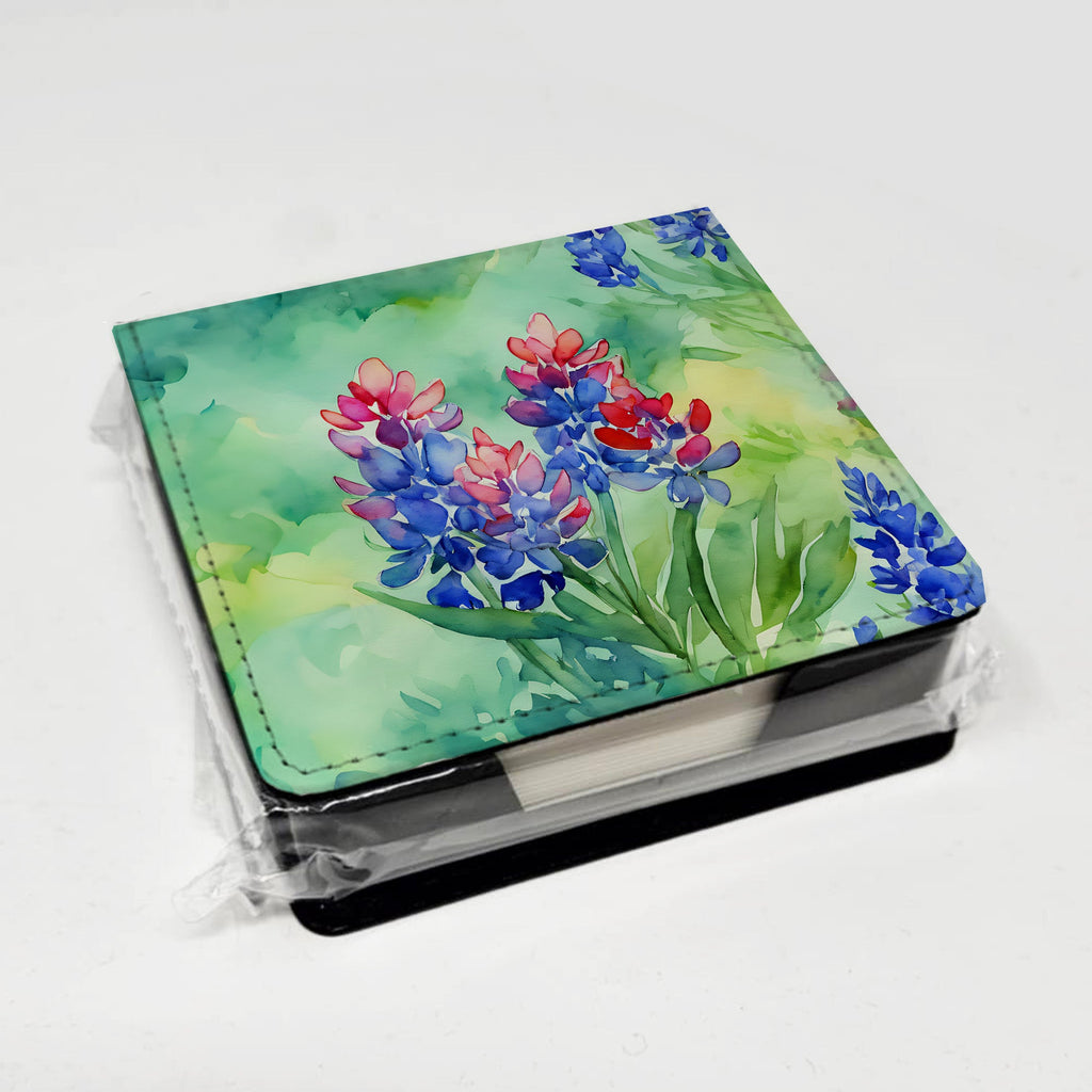 Texas Bluebonnets in Watercolor PU Leather Note Paper Holder with Artist-Designed Cover, Desk Accessory, Office Gift