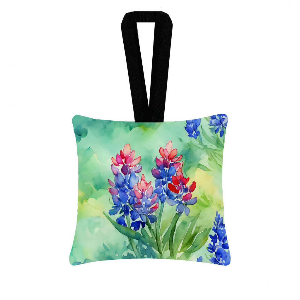 Texas Bluebonnets in Watercolor Hanging Square Fabric Ornament 3.5 × 3.5 Decorative Door-Knob & Tree Hanger, Soft Fabric
