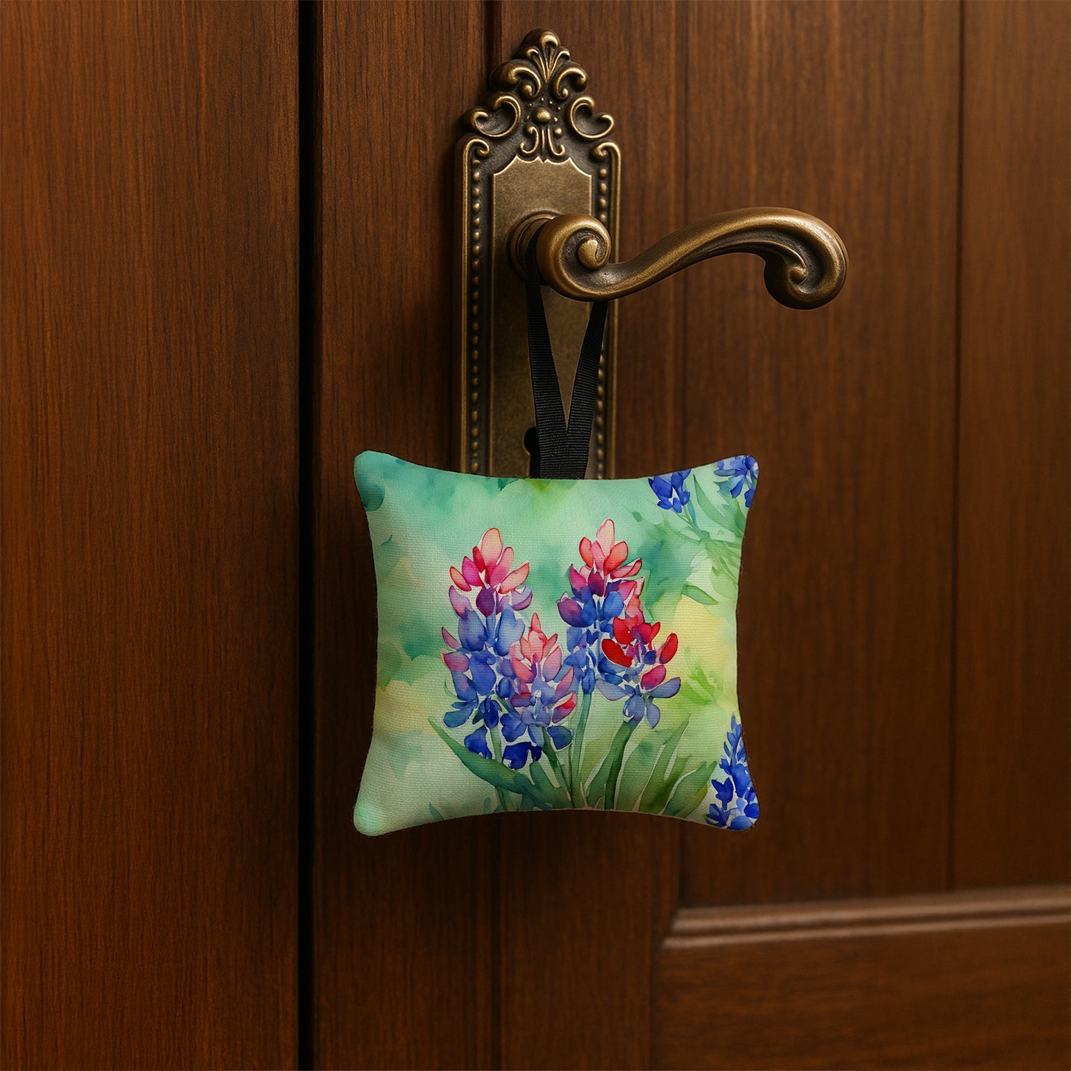 Texas Bluebonnets in Watercolor Hanging Square Fabric Ornament 3.5 × 3.5 Decorative Door-Knob & Tree Hanger, Soft Fabric