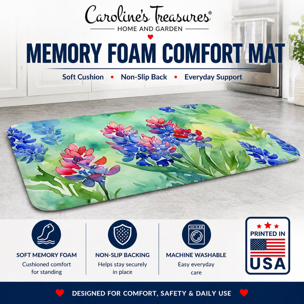 Texas Bluebonnets in Watercolor Memory Foam Kitchen Mat Machine Washable Anti-Fatigue Cushion Comfort Bath or Kitchen Rug